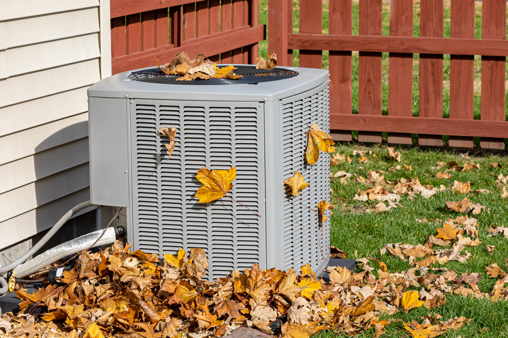 HVAC unit outside in yard surrounded by fallen leaves