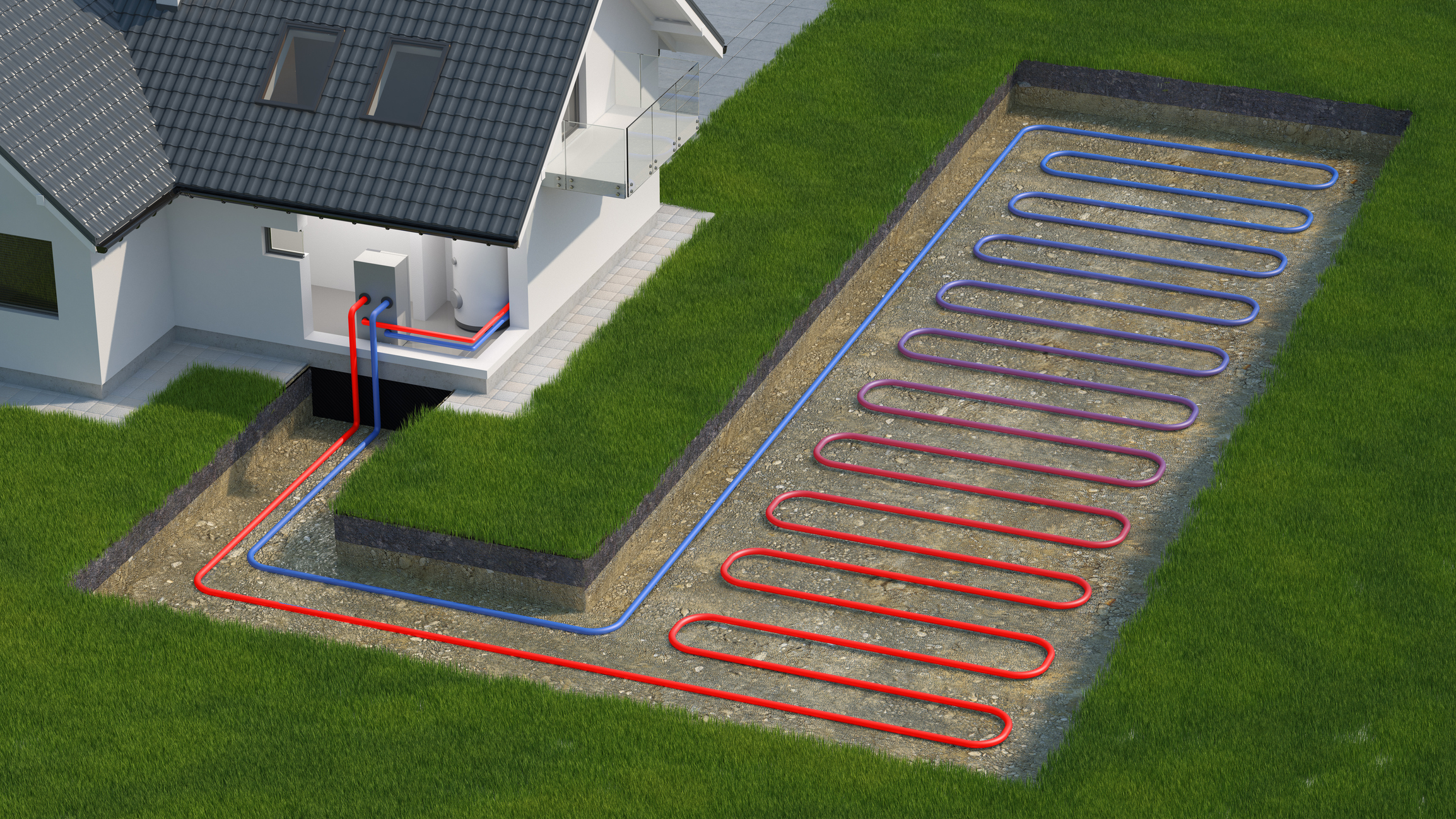 Geothermal installation graphic showing piping below the ground